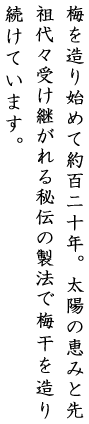 梅を作り始めて約百二十年。太陽の恵みと先祖代々受け継がれる秘伝の製法で梅干を造り続けています。